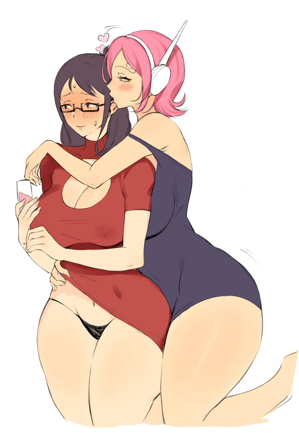 Image big_breasts,blush,breasts,clothing,female,female_only,panties,big_ass,voluptuous,one_piece,yuri,nipples_visible_through_clothing,lifting_skirt,kissing_ear,tashigi,vinsmoke_reiju,lushhhh