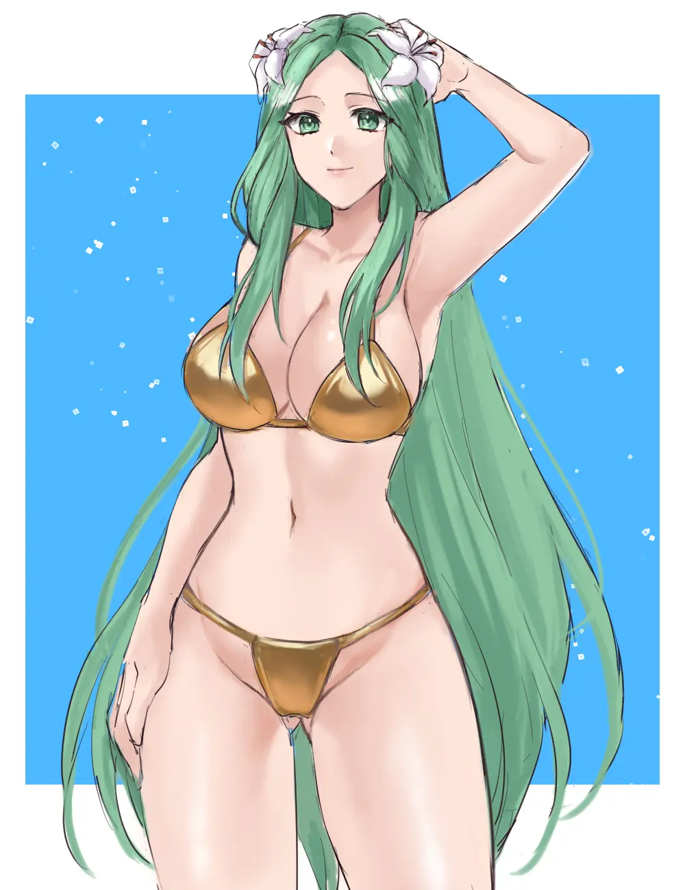 Image 1girls,breasts,cowboy_shot,female,female_only,hair_ornament,highres,large_breasts,long_hair,solo,standing,very_long_hair,navel,thighs,armpits,bare_shoulders,cleavage,ass_visible_through_thighs,green_eyes,nintendo,green_hair,alternate_costume,stomach,flower,hair_flower,fire_emblem,fire_emblem:_three_houses,arm_up,bare_arms,groin,white_flower,yellow_bikini,hazuki_(nyorosuke),gold_bikini,rhea_(fire_emblem),gold_swimsuit,yellow_swimsuit