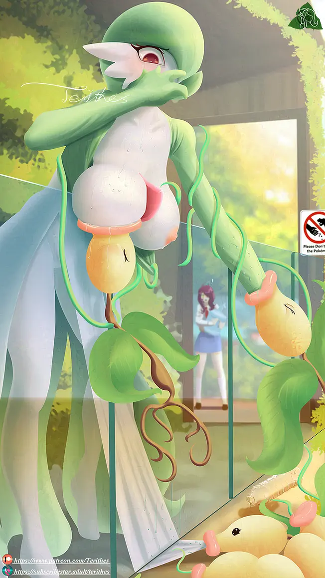 Image blush,breasts,breasts_out,female,large_breasts,long_hair,long_sleeves,nipples,open_mouth,red_eyes,standing,bangs,multiple_girls,pokemon,pokemon_(species),short_hair,sweat,uncensored,white_skin,hair_over_one_eye,patreon_username,watermark,artist_name,huge_breasts,green_skin,looking_down,outdoors,green_hair,looking_at_another,white_shirt,breast_sucking,interspecies,tree,leaning_forward,colored_skin,breast_squish,signature,full_body,plant,day,questionable_consent,patreon_logo,bob_cut,multicolored_skin,gardevoir,pokephilia,covering_mouth,web_address,hand_up,one_eye_covered,vines,vine_bondage,vine_tentacles,covered_mouth,two-tone_skin,bellsprout,terithes