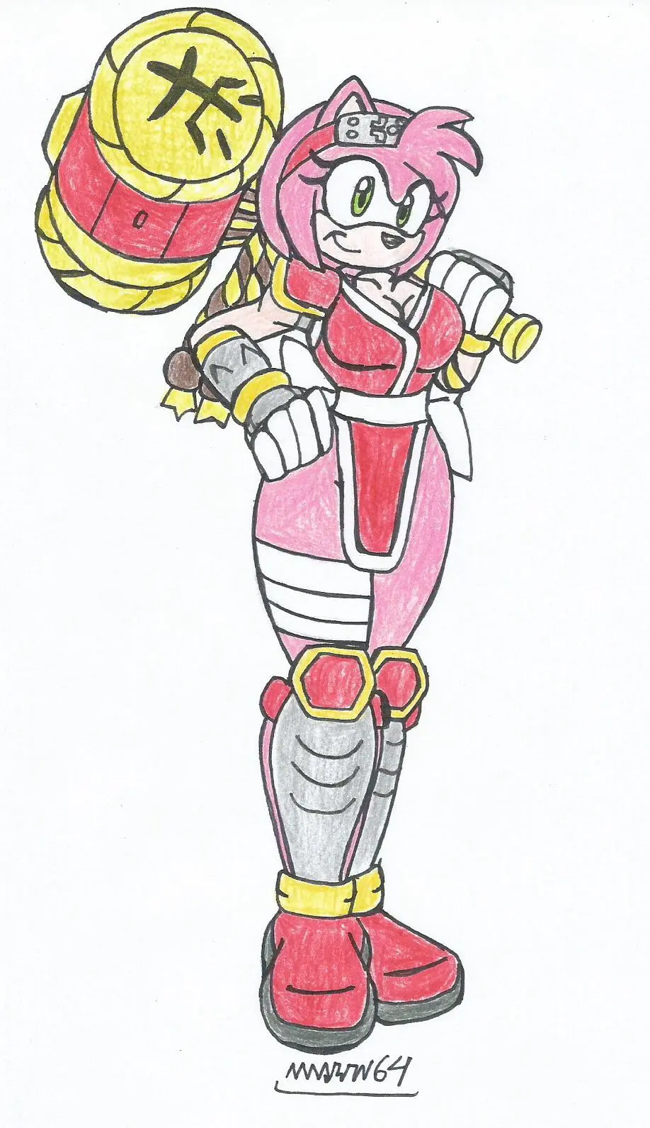 Image 1girls,big_breasts,breasts,female,white_background,pink_hair,green_eyes,amy_rose,sonic_(series),big_hips,weapon,kunoichi,pink_fur,traditional_drawing_(artwork),hammer,marlon64,ninja_girl,ninja_outfit,ninja_headband,piko-piko_hammer