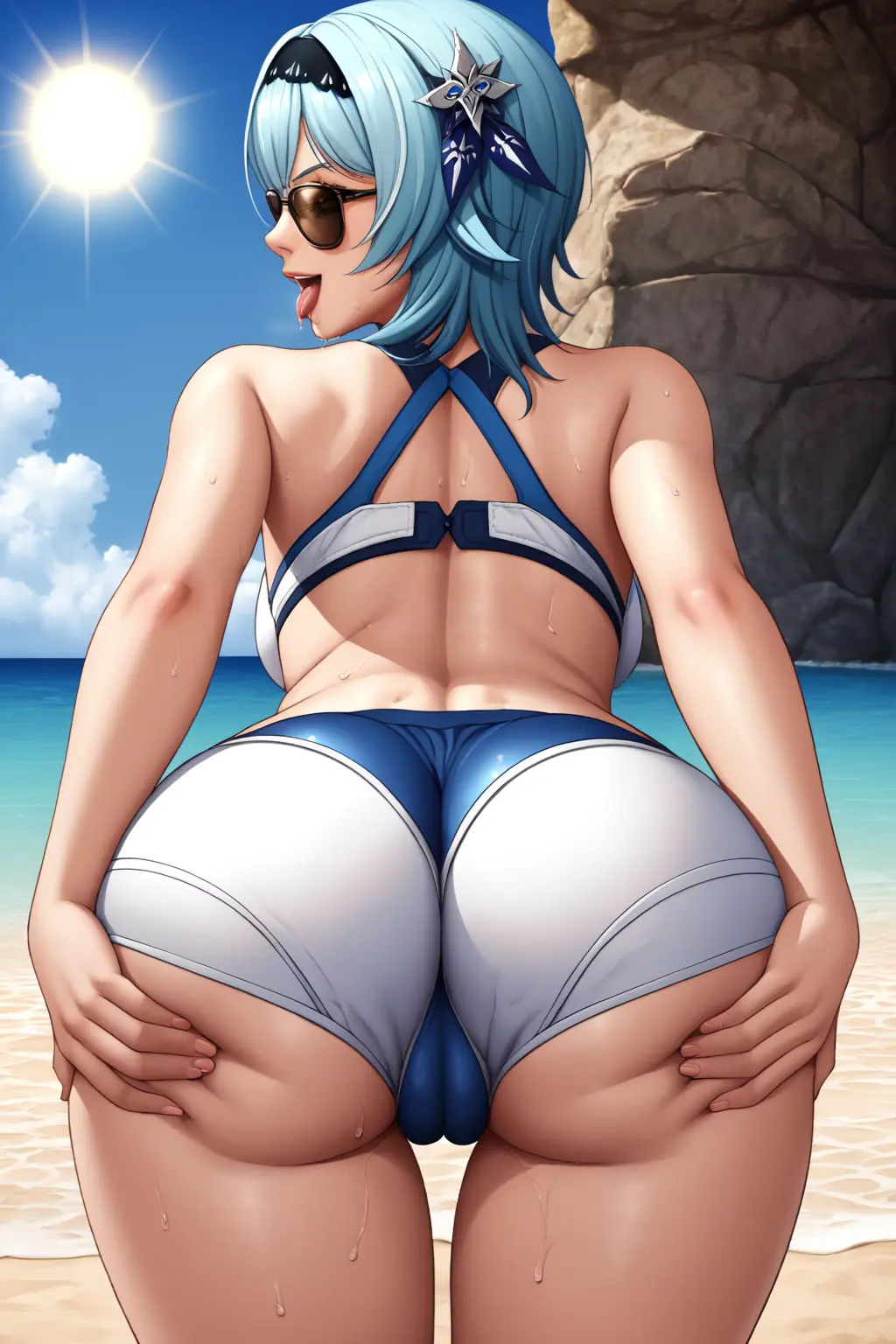 Image female,looking_at_viewer,tongue_out,huge_ass,beach,ai_generated,drooling,genshin_impact,tight_clothing,shorts,ass_focus,ass_grab,wet_body,sunglasses,tinted_eyewear,eula_(genshin_impact),spread_ass,dolphin_shorts,tight_ass,brown-tinted_eyewear