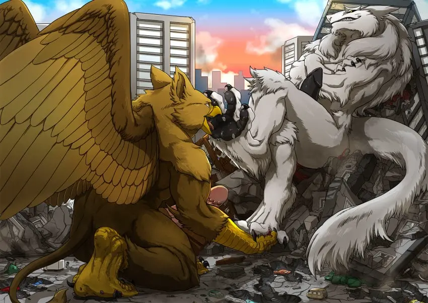 Image long_hair,smile,white_hair,male,nude,penis,tail,tongue_out,yellow_eyes,tongue,duo,erection,humanoid_penis,muscular,muscular_male,2boys,male_only,grin,hair,feathered_wings,feathers,wings,anthro,foot_fetish,mythology,alternate_version_available,genitals,mammal,claws,white_body,avian,humanoid_genitalia,brown_fur,crossed_arms,mythological_creature,brown_body,white_fur,black_penis,macro,city,evil_smile,micro,vehicle,destruction,car,talons,evil_grin,gryphon,mythological_avian,sergal,licking_foot,barbed_corona_glans,carpo,rampage,2anthro,tatugon
