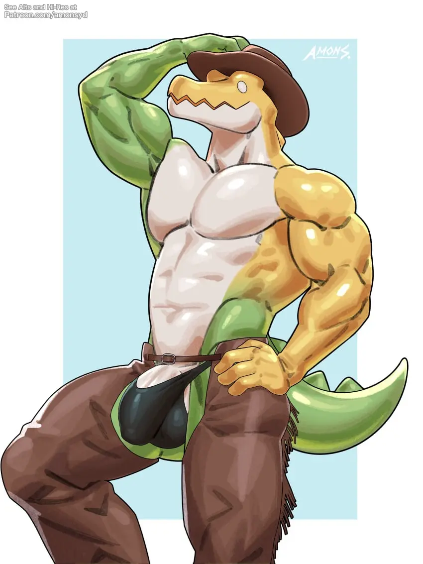 Image clothed,clothing,hi_res,pants,solo,male,penis,underwear,hat,humanoid,humanoid_penis,headwear,muscular,muscular_male,male_only,headgear,balls,anthro,absurd_res,bulge,genitals,mammal,biceps,muscular_anthro,pecs,half-erect,reptile,scalie,male_focus,abs,humanoid_genitalia,bottomwear,open_clothing,crocodilian,food,open_bottomwear,open_pants,half_naked,the_amazing_digital_circus,food_creature,candy,dessert,glitch_productions,gummigoo_(the_amazing_digital_circus),gummy_(food),living_candy,gummy_creature,amon-sydonai,chaps