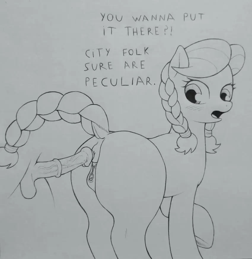 Image 2023,blush,female,hi_res,male,penis,pussy,ass,male/female,partial_male,anthro,veiny_penis,text,anus,clitoris,monochrome,genitals,mammal,dialogue,english_text,friendship_is_magic,hasbro,my_little_pony,imminent_anal,vein,animal_genitalia,animal_penis,hooves,feral,animal_pussy,equine_genitalia,equine_pussy,equid,equine,horse,pony,equine_penis,equine_anus,earth_pony,traditional_media,mlp_g4,granny_smith_(mlp),granny_smith_(young),perrox
