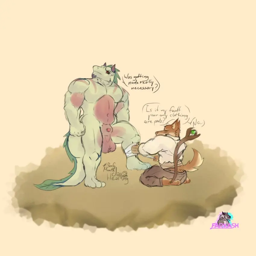 Image clothed,clothing,hi_res,male,nude,penis,duo,embarrassed,male/male,balls,anthro,canid,canine,genitals,mammal,dialogue,reptile,scalie,animal_genitalia,sheath,penis_tip,staff,lizard,medical,wounded,f4rk4sh,peeking_penis,healing,caring