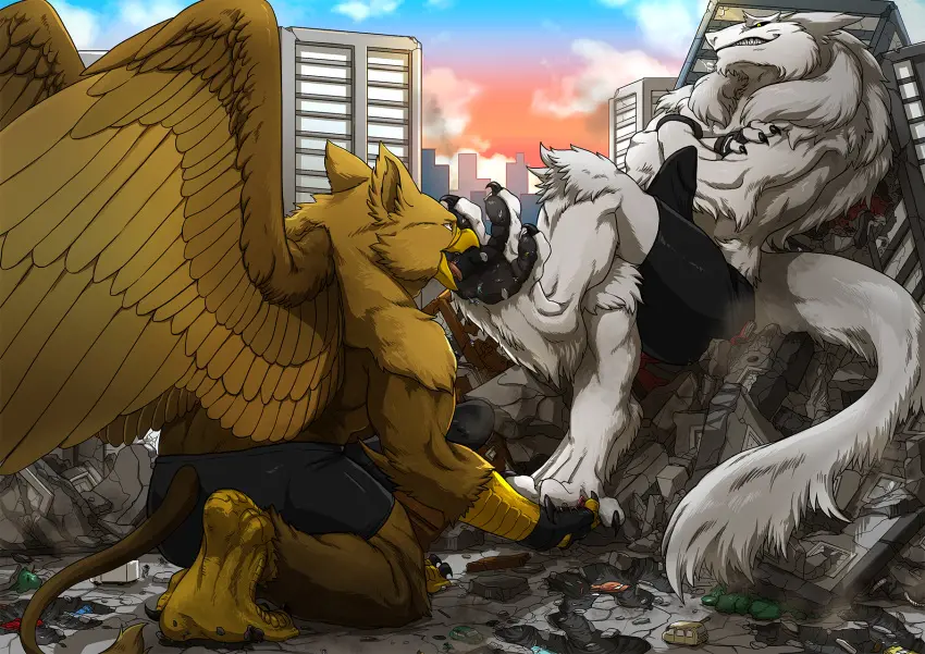 Image brown_eyes,clothing,long_hair,smile,white_hair,male,penis,tail,tongue_out,yellow_eyes,tongue,duo,erection,humanoid_penis,muscular,muscular_male,2boys,male_only,grin,hair,feathered_wings,feathers,wings,anthro,foot_fetish,mythology,alternate_version_available,genitals,mammal,claws,white_body,fingerless_gloves,avian,humanoid_genitalia,brown_fur,crossed_arms,boner,mythological_creature,brown_body,white_fur,mostly_nude,macro,city,evil_smile,micro,vehicle,destruction,car,talons,evil_grin,gryphon,mythological_avian,sergal,trunks_(clothing),licking_foot,barbed_corona_glans,carpo,rampage,2anthro,tatugon