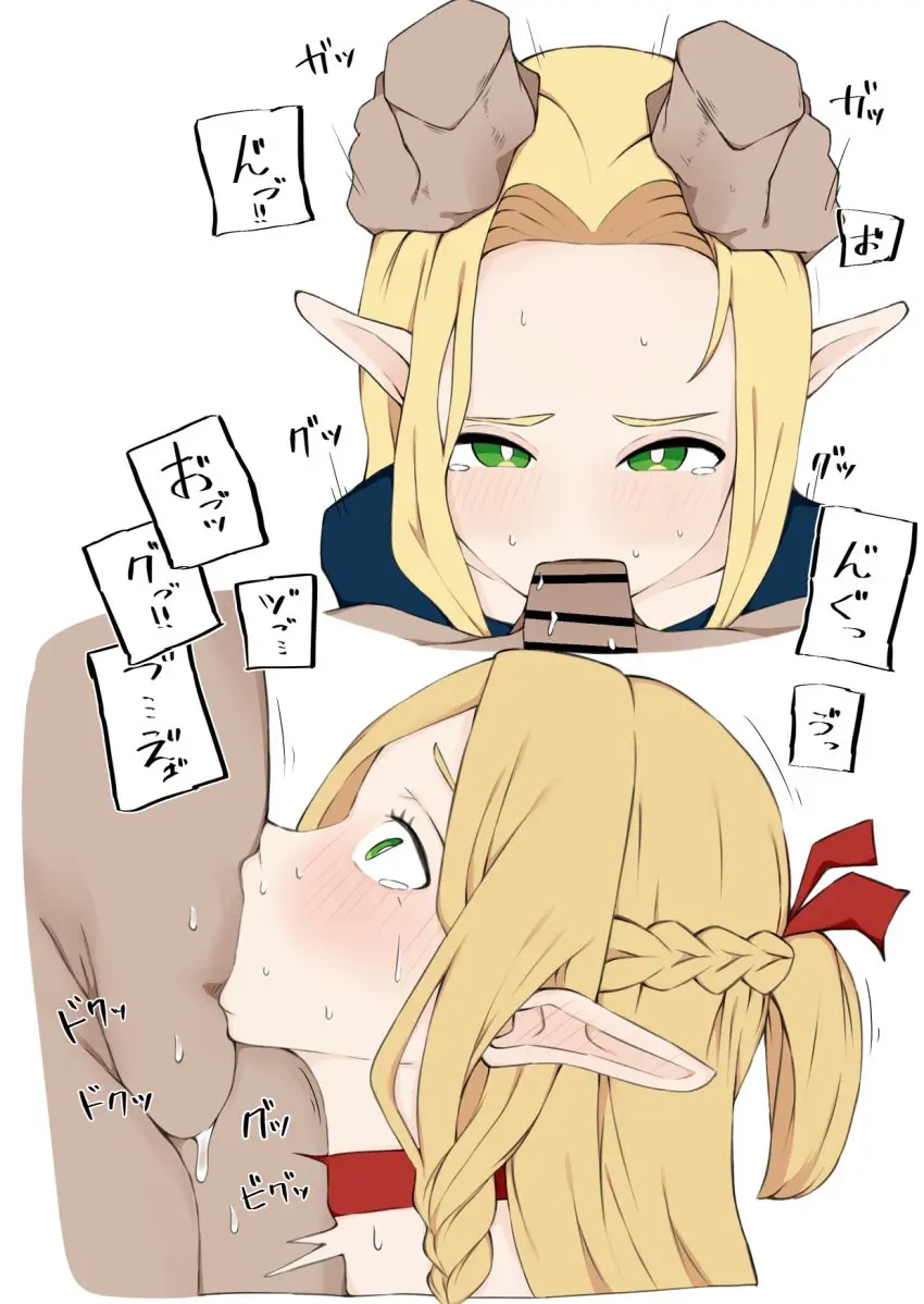 Image 1girls,female,long_hair,1boy,male,oral,female_focus,fellatio,blonde_hair,green_eyes,elf,artist_request,deepthroat,tears,dungeon_meshi,marcille_donato