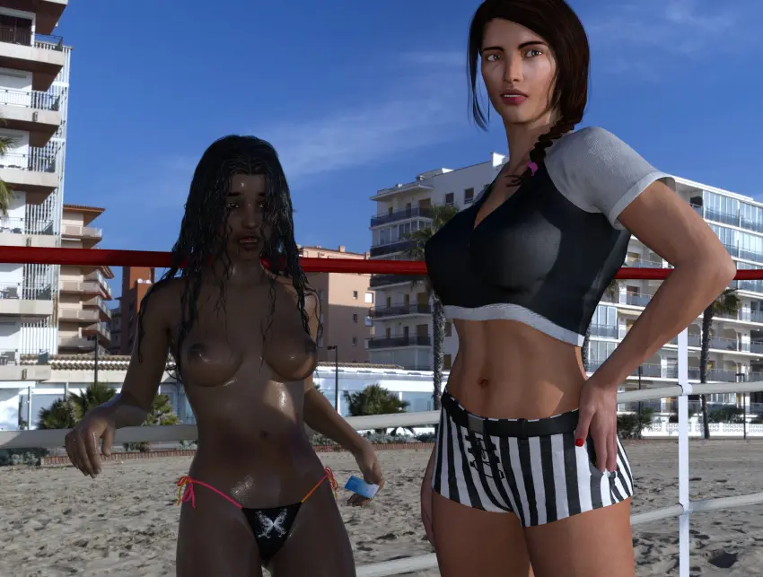 Image female,2girls,black_hair,panties,original,3d,black_panties,topless,shorts,topless_female,cb1964