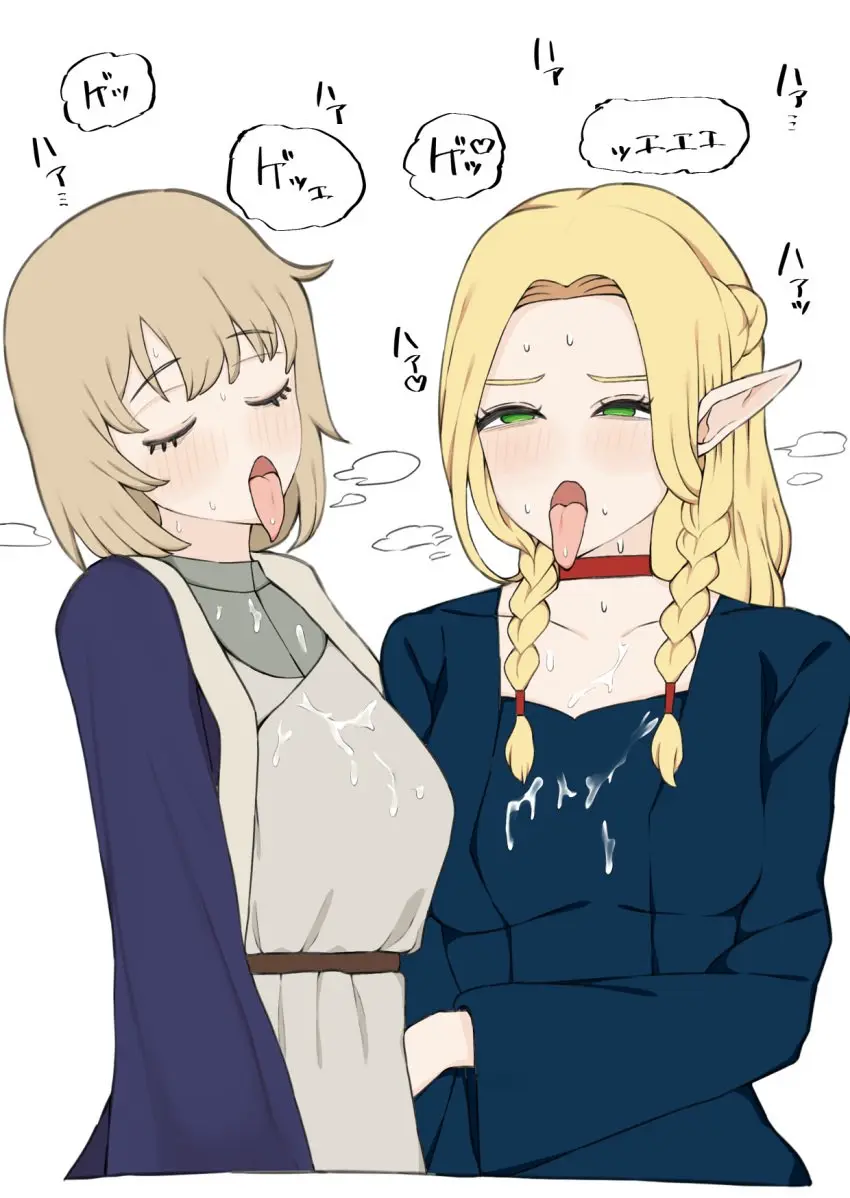 Image clothing,female,female_only,human,long_hair,open_mouth,2girls,cum,multiple_girls,tongue_out,tongue,blonde_hair,green_eyes,elf,after_oral,artist_request,closed_eyes,medium_hair,dungeon_meshi,marcille_donato,cum_on_clothes,falin_touden,falin_touden_(tallman)