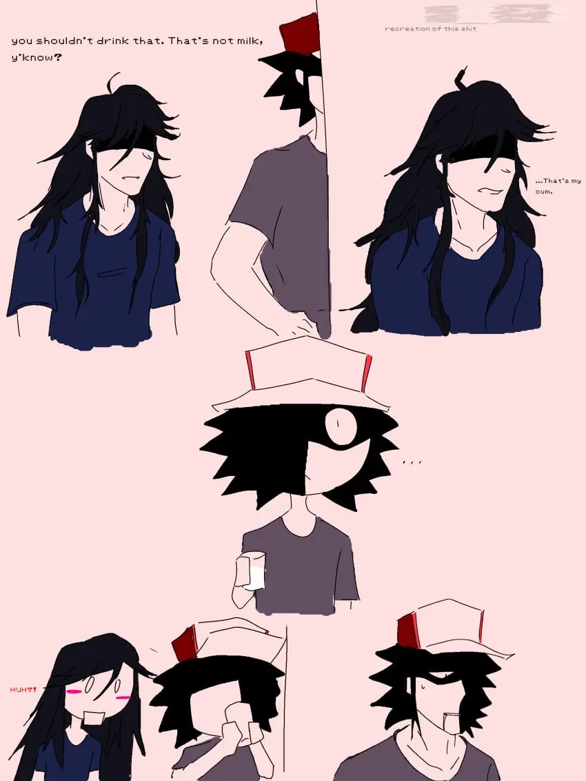 Image long_hair,cum,drool,drooling,text_bubble,drinking_cum,toony,no_visible_genitalia,unaware,doodle,hypnos_lullaby,shadowed_eyes,cum_in_glass,glass_of_cum,eye_open,glitchy_red,pokepasta,steven_(strangled_red),strangled_red,wentheqhen