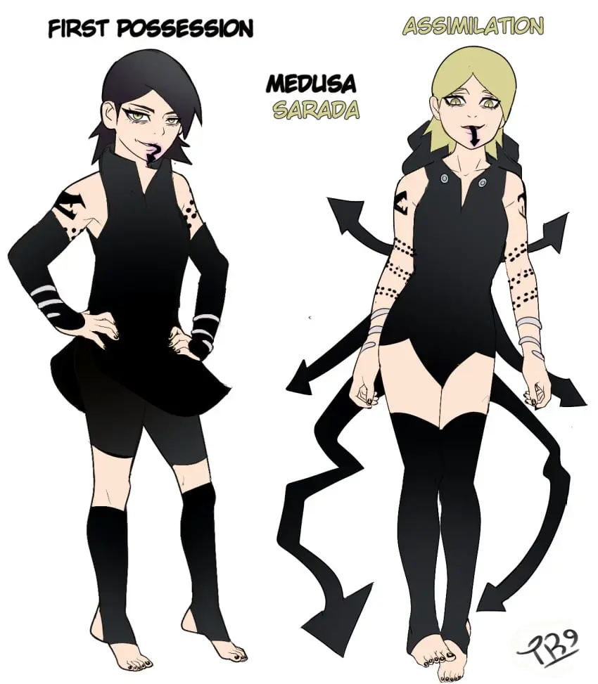 Image female,black_hair,black_legwear,yellow_eyes,dark_skin,feet,foot_fetish,naruto,boruto:_naruto_next_generations,possession,goth,soul_eater,evil_smile,mind_control,sarada_uchiha,corruption,possessed,medusa_gorgon