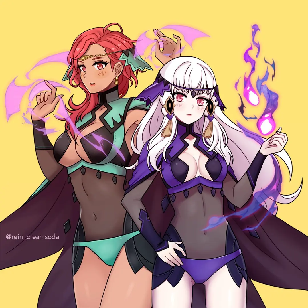 Image breasts,female,female_only,red_eyes,white_hair,2girls,multiple_girls,navel,red_hair,panties,underwear,small_breasts,thighs,dark_skin,armpits,bare_thighs,cleavage,midriff,ass_visible_through_thighs,medium_breasts,dark-skinned_female,nintendo,alternate_costume,fire_emblem,fire_emblem:_three_houses,bodystocking,commission,cosplay,purple_panties,navel_visible_through_clothes,green_panties,lysithea_von_ordelia,hapi_(fire_emblem),ophelia_(fire_emblem)_(cosplay),rein_creamsoda