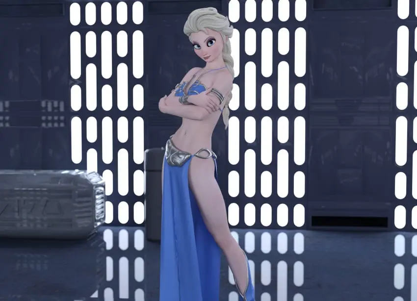 Image 1girls,breasts,female,female_only,long_hair,smile,solo,blue_eyes,navel,disney,blonde_hair,legs,medium_breasts,indoors,3d,3d_(artwork),disney_princess,2024,belly_dancer,slave_bikini,slave_leia_(cosplay),star_wars,long_legs,bare_legs,elsa_(frozen),frozen_(film),crossover_cosplay,may_the_4th_be_with_you,tommytinycat