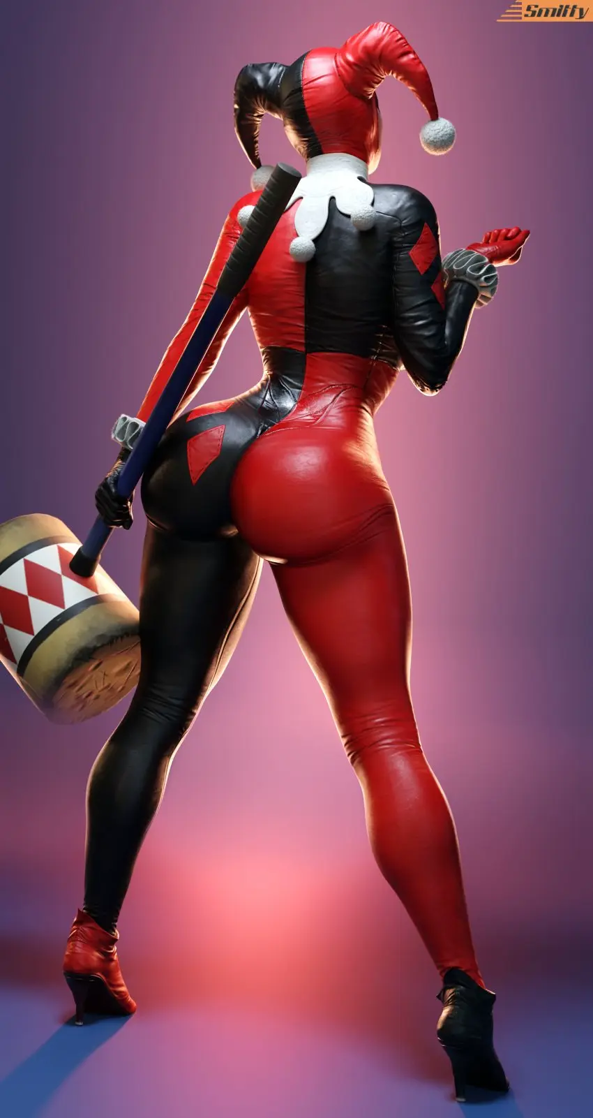 Image 1girls,female,female_only,solo,ass,big_ass,big_butt,thick_thighs,curvy,curvy_female,curvy_figure,3d,hourglass_figure,slim_waist,high_heels,rear_view,3d_(artwork),batman_(series),dc,dc_comics,curvaceous,bodysuit,back_view,large_ass,fully_clothed,harley_quinn,costume,harley_quinn_(injustice),injustice_2,smitty34,batman:_arkham_knight,clussy,harley_quinn_(classic),mallet