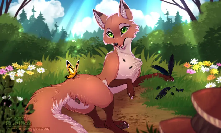 Image female,pussy,lying,green_eyes,on_side,canid,canine,fur,genitals,mammal,arthropod,insects,flower,orange_body,outside,animal_genitalia,canine_genitalia,fox,plant,orange_fur,feral,animal_pussy,grass,canine_pussy,lepidopteran,dipstick_ears,multicolored_ears,butterfly,ear_markings,rukifox,keki_(rukifox)