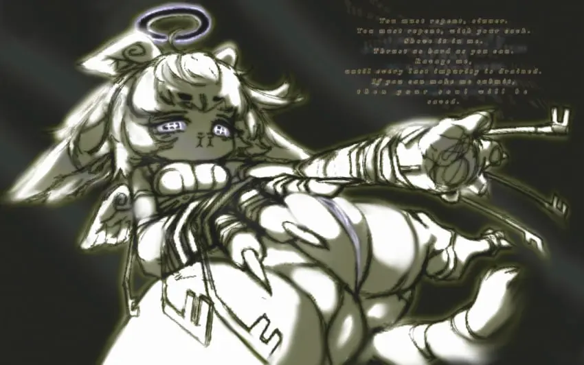 Image female,solo,pussy,feathered_wings,feathers,wings,anthro,text,angel,halo,purple_eyes,presenting,genitals,fingering,plump_labia,spirit,pupils,chimera,dirty_talk,unusual_pupils,multi_wing,large_paws,dramatic_lighting,esoteric,multi_nose,nelsi