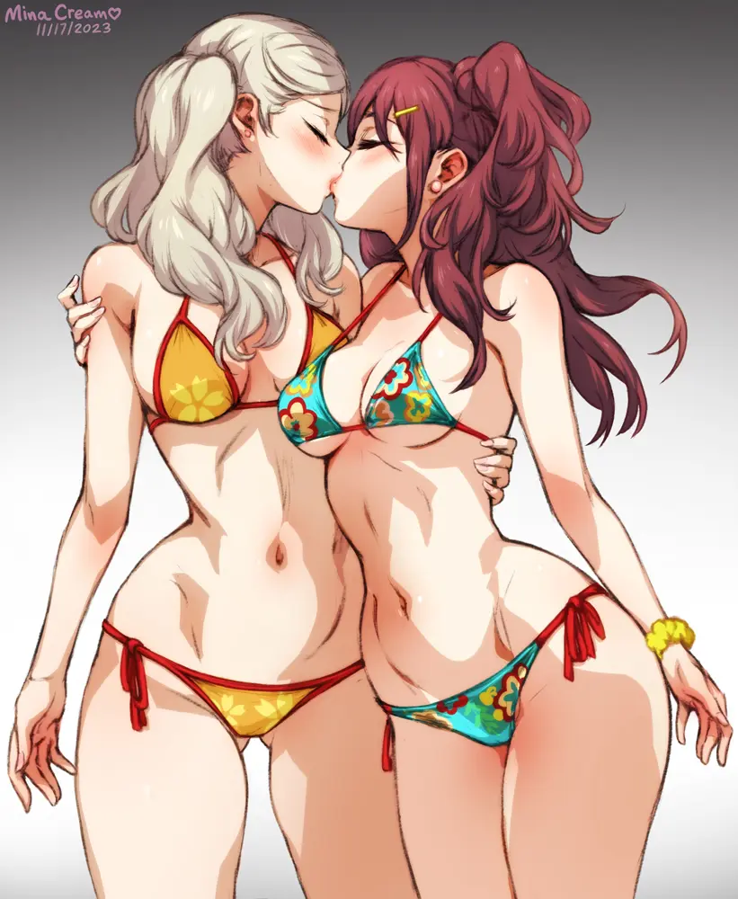 Image 2023,big_breasts,breasts,clothing,female,female_only,human,2girls,multiple_girls,bikini,blonde_hair,swimsuit,pale_skin,brown_hair,twintails,yuri,kissing,dated,persona,persona_4,swimwear,megami_tensei,persona_5,ann_takamaki,kujikawa_rise,lovers_arcana,minacream