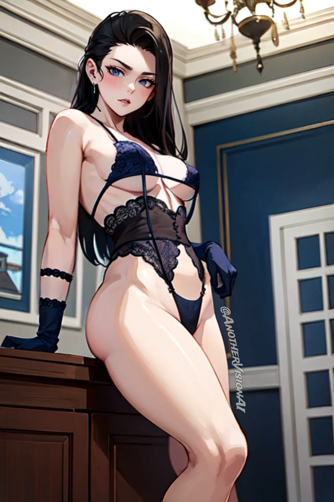 Image 1girls,blush,breasts,female,female_only,human,large_breasts,long_hair,standing,black_hair,blue_eyes,bubble_butt,milf,ai_generated,bare_shoulders,lingerie,legs,pale-skinned_female,pale_skin,shounen_jump,blushing_at_viewer,mature,perfect_body,jojo's_bizarre_adventure,bare_legs,lace_lingerie,battle_tendency,lace_thong,lace_garter_belt,lace_gloves,lisa_lisa