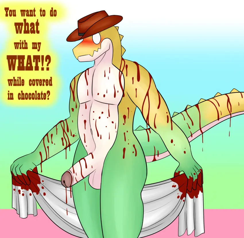 Image clothing,hi_res,looking_at_viewer,solo,male,penis,hat,erection,headwear,male_only,headgear,balls,anthro,text,genitals,surprised_expression,reptile,scalie,towel,male_focus,crocodilian,food,cowboy_hat,the_amazing_digital_circus,food_creature,candy,chocolate,dessert,glitch_productions,gummigoo_(the_amazing_digital_circus),living_candy,cowboy,gradient_body,drying,drying_body,lush,rorrek