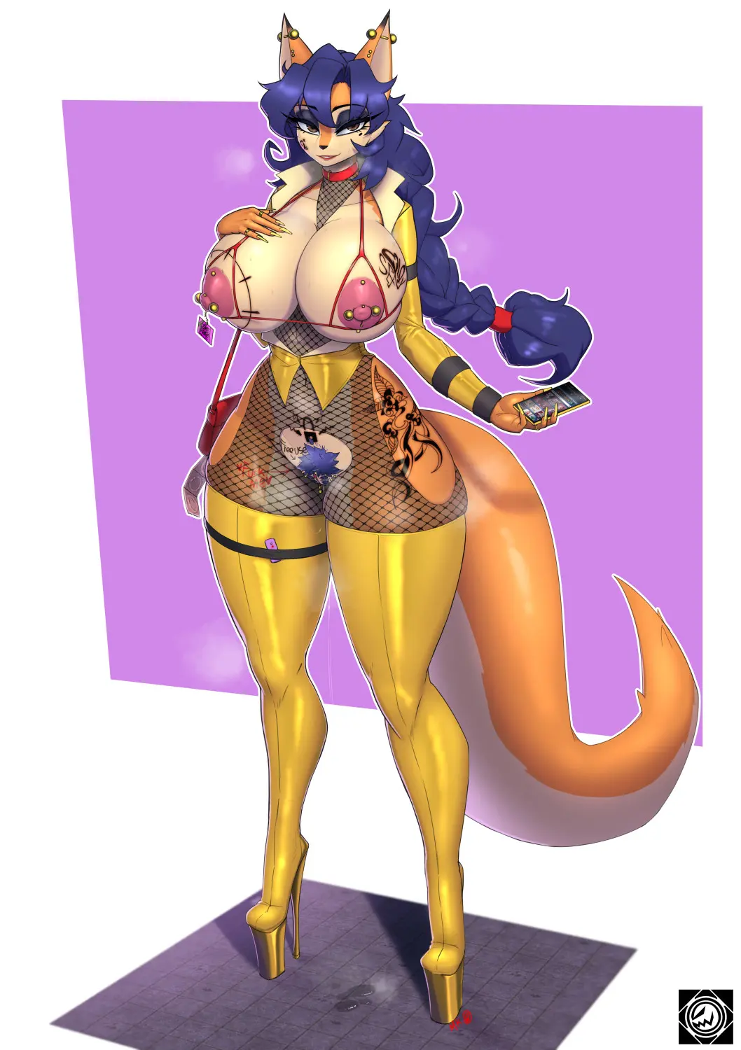 Image big_breasts,breasts,brown_eyes,clothing,female,hi_res,long_hair,looking_at_viewer,nipples,solo,standing,blue_hair,pussy,tail,bedroom_eyes,seductive,thick_thighs,wide_hips,pink_nipples,jewelry,tattoo,hair,anthro,piercing,clitoris,genital_fluids,collar,high_heels,platform_heels,bodily_fluids,canid,canine,footwear,fur,genitals,holding_object,mammal,latex,latex_clothing,ear_piercing,breast_tattoo,pubic_tattoo,orange_body,narrowed_eyes,legwear,thigh_highs,2024,body_writing,nipple_piercing,pussy_juice_drip,dripping,boots,electronics,fox,markings,digit_ring,orange_fur,nails,fingernails,long_fingernails,holding_phone,phone,pubes,cellphone,smartphone,vaginal_fluids,fishnet_clothing,high_heeled_boots,latex_legwear,clitoris_piercing,genital_piercing,red_collar,mole_(marking),yellow_clothing,condom_wrapper,sony_interactive_entertainment,purse,multiple_piercings,sony_corporation,thigh_boots,latex_boots,platform_footwear,carmelita_fox,sly_cooper_(series),sucker_punch_productions,industrial_piercing,holding_cellphone,areola_piercing,yellow_footwear,manedkitsune,holding_smartphone,latex_thigh_highs,latex_footwear,latex_thigh_boots,hip_tattoo,yellow_legwear,yellow_latex,yellow_fingernails,cheek_tattoo,crotch_piercing,yellow_high_heels,yellow_thigh_boots,yellow_thigh_highs