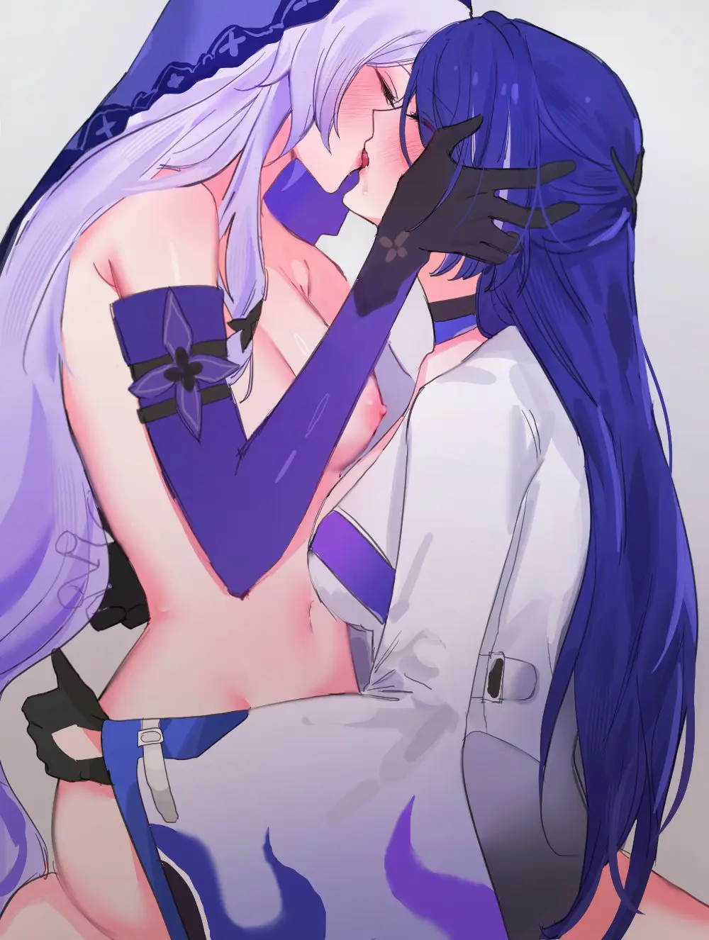 Image blush,breasts,female,highres,nipples,no_bra,simple_background,2girls,black_gloves,elbow_gloves,gloves,multiple_girls,bare_shoulders,cleavage,dress,closed_eyes,purple_hair,topless,upper_body,yuri,covered_navel,grey_background,kissing,commentary,honkai:_star_rail,honkai_(series),purple_dress,veil,acheron_(honkai:_star_rail),^_^,black_swan_(honkai:_star_rail),9_(hcl9fg)