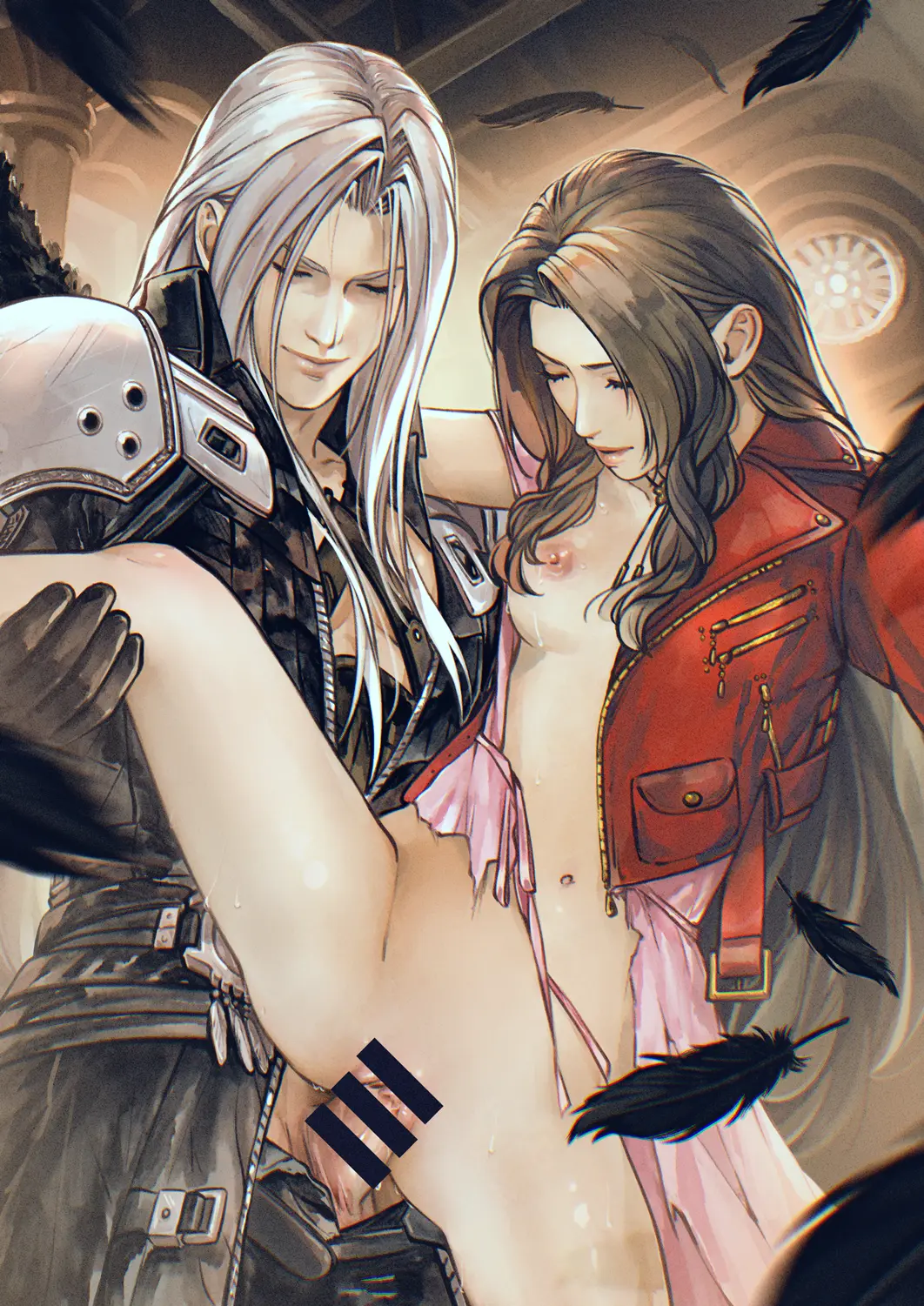 Image breasts,female,grey_hair,highres,long_hair,nipples,open_clothes,pants,parted_bangs,1boy,black_gloves,gloves,male,navel,penis,sidelocks,straight,sex,small_breasts,erection,feathers,spread_legs,parted_lips,dress,couple,censored,brown_hair,closed_eyes,indoors,closed_mouth,bar_censor,jacket,feet_out_of_frame,final_fantasy,final_fantasy_vii,final_fantasy_vii_remake,stomach,belt,leg_up,black_feathers,aerith_gainsborough,armor,open_jacket,commentary,english_commentary,clothes_pull,final_fantasy_vii_rebirth,pink_dress,red_jacket,pants_pull,coat,open_dress,shoulder_armor,hand_on_another's_leg,long_bangs,black_coat,sephiroth,kay-i,falling_feathers,elena_ivlyushkina