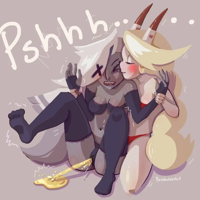 Image female,2girls,underwear,stockings,yuri,hazbin_hotel,love,peeing,omorashi,peeing_self,charlie_morningstar_(hazbin_hotel),vaggie_(hazbin_hotel),lesbian_kiss,urine,urine_stream,urinating_female,urination,urinating,desperation,kissing_cheek,peeing_on_floor,piss_soaked