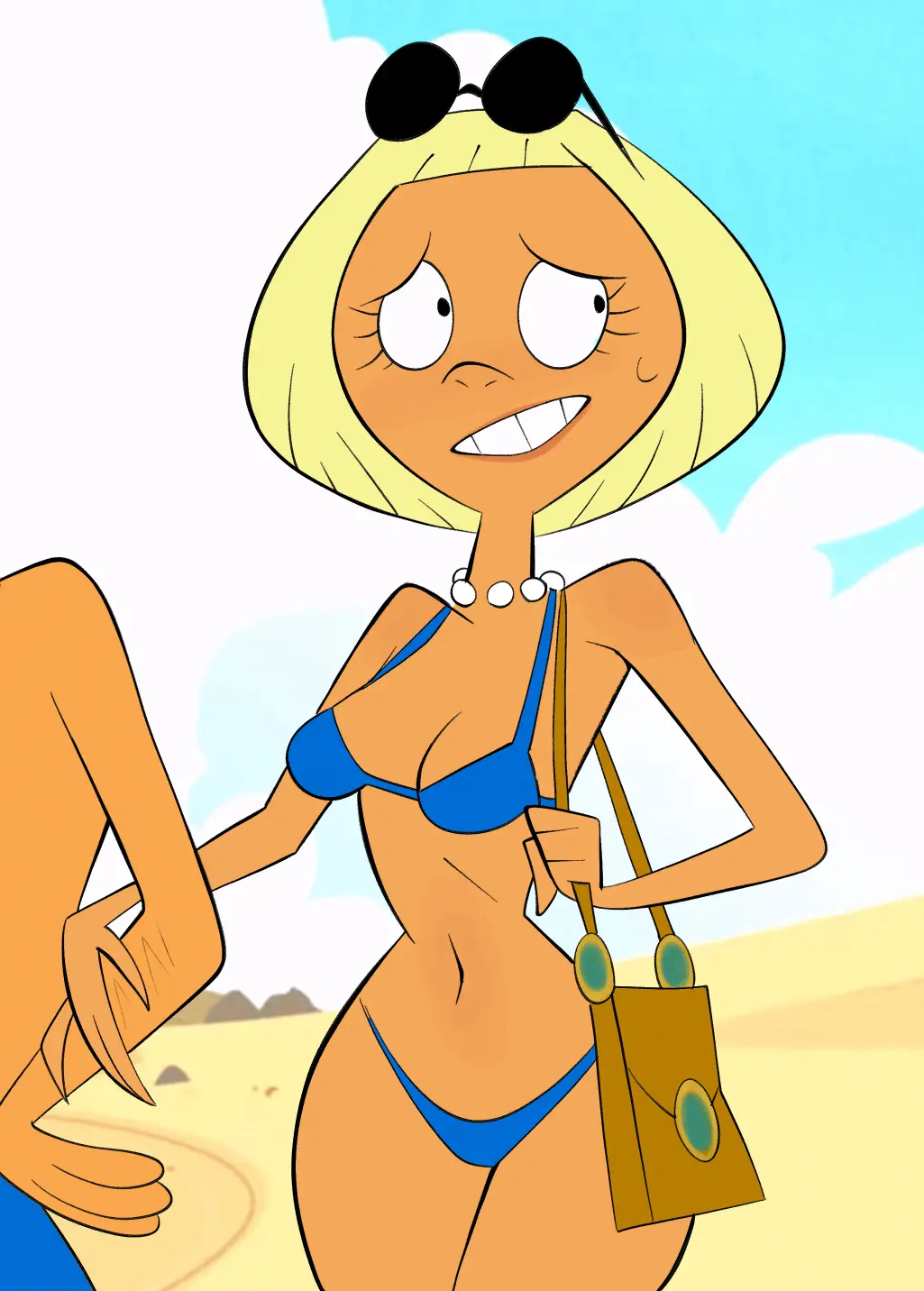 Image 1girls,cowboy_shot,female,navel,bikini,beach,embarrassed,tan_body,blonde_hair,sunglasses_on_head,couple,husband_and_wife,tanned_skin,tanned,sweatdrop,outdoors,furrowed_brow,blue_bikini,sunglasses,nervous,cartoon_network,foster's_home_for_imaginary_friends,newguy1091,pearl_necklace,mrs._millionaires