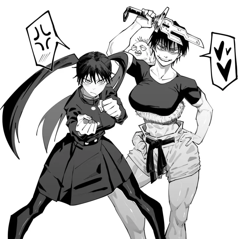 Image big_breasts,breasts,female,large_breasts,long_hair,looking_at_viewer,simple_background,standing,white_background,2girls,black_hair,short_hair,clenched_hands,thick_thighs,thighs,duo,muscular,smiling,midriff,posing,hand_on_hip,twintails,black_and_white,monochrome,fit,fit_female,frown,shorts,abs,scar,smirk,smirking_at_viewer,weapon,blush_lines,mother_and_daughter,muscular_female,arm_up,rule_63,jujutsu_kaisen,sword,hearts,black_shirt,genderswap_(mtf),genderswap,very_short_hair,fighting_stance,knife,worm,toji_fushiguro,fushiguro_megumi,dingotoad,medium_skirt