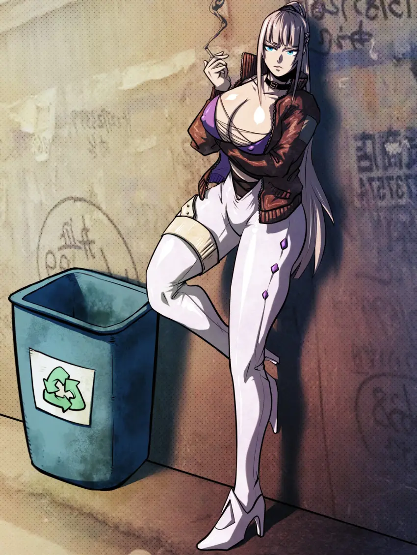 Image big_breasts,breasts,female,grey_hair,light-skinned_female,open_clothes,blue_eyes,choker,bikini,cleavage,midriff,solo_female,heels,alley,taller_girl,braided_hair,cigarette,white_pants,imminent_sex,jacket_open,erect_nipples_under_clothes,prostitute,reluctant,skintight_clothing,purple_bra,recycle_bin,bai_yi_(path_to_nowhere),path_to_nowhere