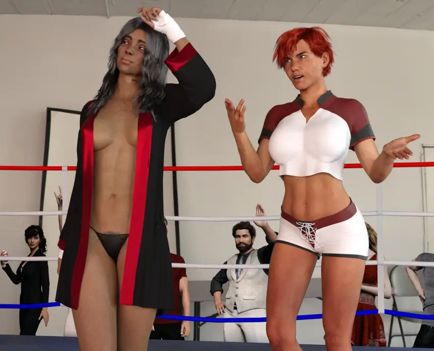 Image female,male,multiple_girls,red_hair,panties,original,3d,black_panties,multiple_boys,3girls,3boys,robe,boxing_gloves,cb1964,open_robe