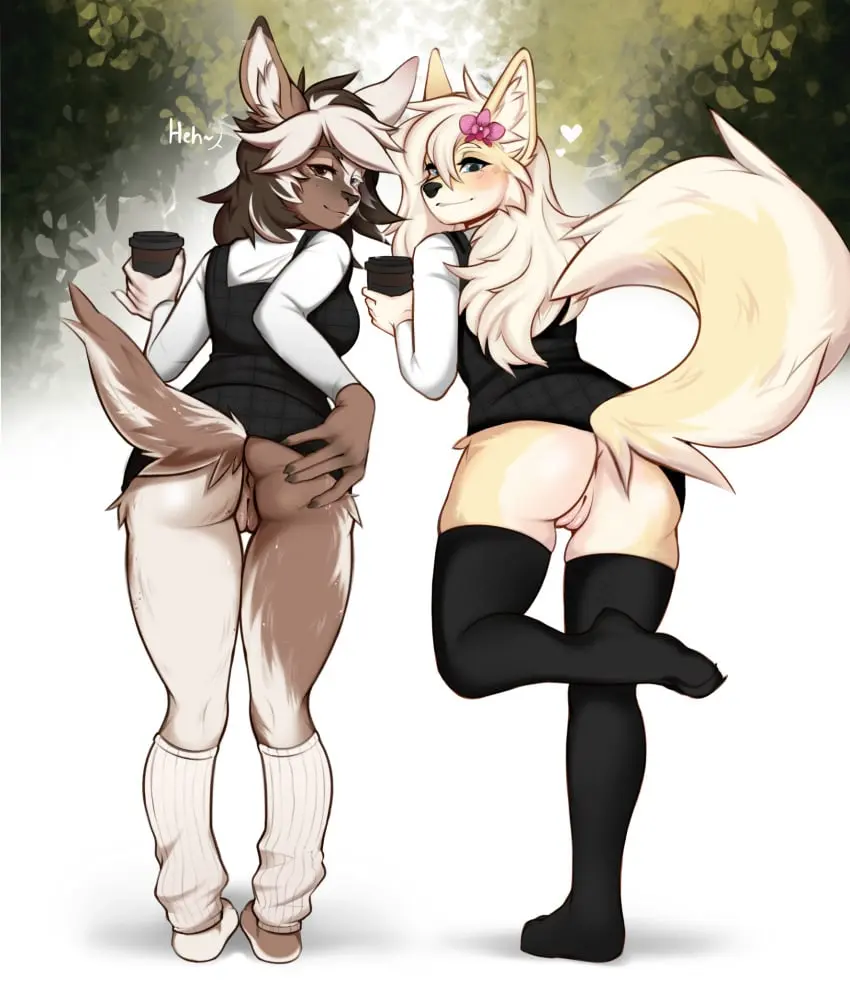 Image clothed,clothing,female,hi_res,smile,white_hair,pussy,ass,duo,freckles,flower_in_hair,accessory,hair_accessory,hair,anthro,tan_body,anus,spreading,presenting,bent_over,canid,canine,canis,fur,genitals,mammal,wolf,bottomless,flower,partially_clothed,legwear,thigh_highs,presenting_hindquarters,brown_fur,deer,plant,tan_fur,brown_body,container,cup,spread_butt,take_your_pick,leg_warmers,coffee_cup,allie_von_schwarzenbek,bulochka,monika_(bulochka)