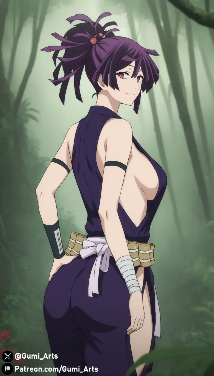 Image breasts,clothed,female,smile,ass,looking_back,ai_generated,sideboob,from_behind,medium_breasts,stable_diffusion,purple_eyes,purple_hair,outdoors,revealing_clothes,kunoichi,jungle,gumi_arts,jigokuraku,yuzuriha_(jigokuraku)