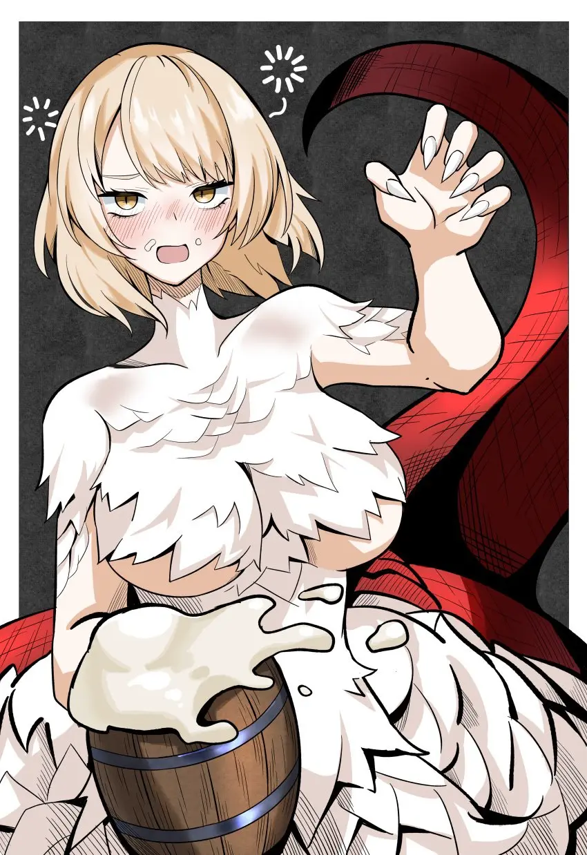 Image 1girls,blush,breasts,female,large_breasts,open_mouth,solo,yellow_eyes,underboob,feathers,blonde_hair,monster_girl,medium_hair,drunk,dungeon_meshi,falin_touden,falin_touden_(chimera),noagen