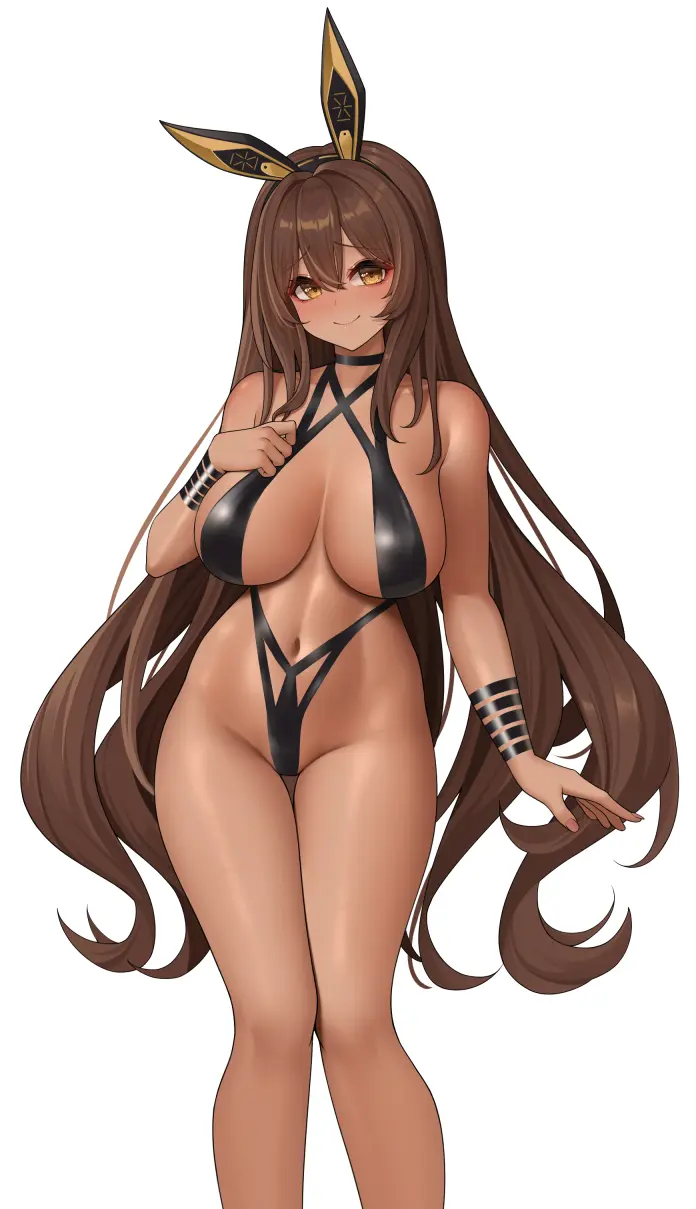 Image blush,breasts,female,large_breasts,smile,nail_polish,closed_mouth,goddess_of_victory:_nikke,blushing,hand_on_breast,looking_to_the_side,arm_at_side,naughty_smile,noir_(nikke),one_arm_up