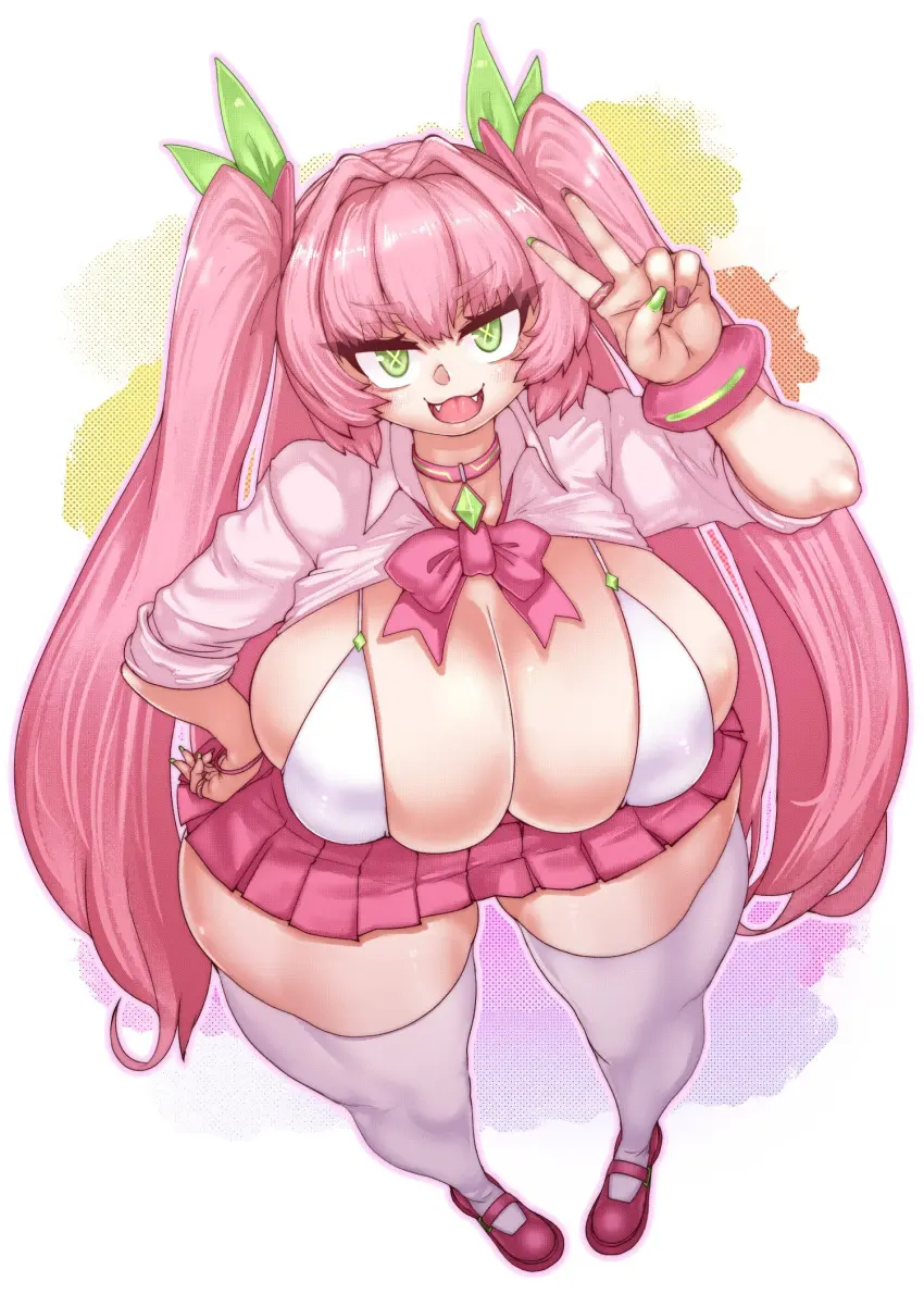 Image breasts,female,smile,very_long_hair,thighhighs,cute_fang,thick_thighs,high-angle_view,wide_hips,pink_hair,gigantic_breasts,green_eyes,from_above,nail_polish,skindentation,twintails,miniskirt,:3,:d,painted_nails,pink_nails,green_nails,toned,toned_female,v,bowtie,pink_shoes,peace_sign,venus_body,shirt_up,v_sign,bracelets,gigantic_thighs,gyaru,white_socks,cute_fangs,long_twintails,x-shaped_pupils,bratty