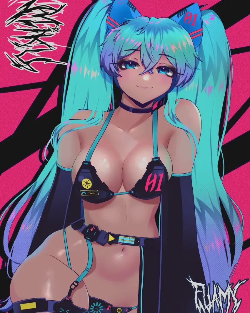 Image 1girls,breasts,female,hair_ornament,long_hair,looking_at_viewer,smile,solo,very_long_hair,bangs,blue_eyes,navel,choker,thick_thighs,hips,cleavage,tagme,curvy,detached_sleeves,twintails,hatsune_miku,vocaloid,garter_straps,groin,fuamyero