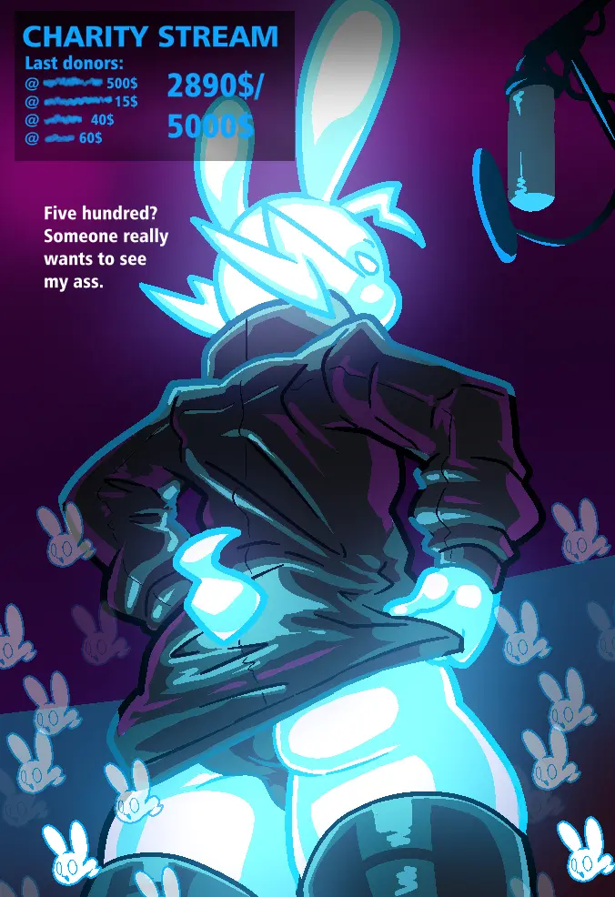 Image solo,1boy,male,thighhighs,furry,panties,ass,thighs,femboy,solo_focus,balls,anthro,rabbit_ears,self_upload,glowing_eyes,dialogue,jacket,from_below,solo_male,anthro_only,microphone,rabbit,femboy_focus,streaming,elemental_creature,rabbit_tail,balls_in_panties,lifting_clothing,glowing_skin,peppergiz,arc_wilder_(peppergiz),charity
