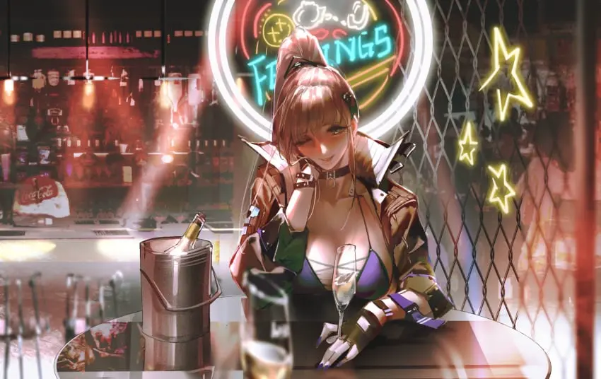 Image breasts,female,grey_hair,large_breasts,light-skinned_female,long_hair,choker,winking_at_viewer,chest,purple_nails,wholesome,open_jacket,drunk,bra_strap,official_art,bar,game_cg,silver_eyes,hand_on_chin,spilling_breasts,purple_bra,breasts_on_table,bai_yi_(path_to_nowhere),path_to_nowhere