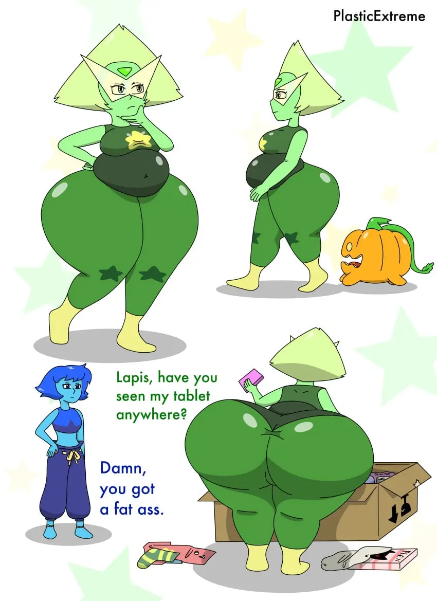 Image female,bottom_heavy,colored,huge_ass,thick_thighs,wide_hips,belly,tagme,bent_over,dialogue,pear_shaped,cartoon_network,ass_bigger_than_head,gem_(species),steven_universe,lapis_lazuli_(steven_universe),peridot_(steven_universe),plasticextreme