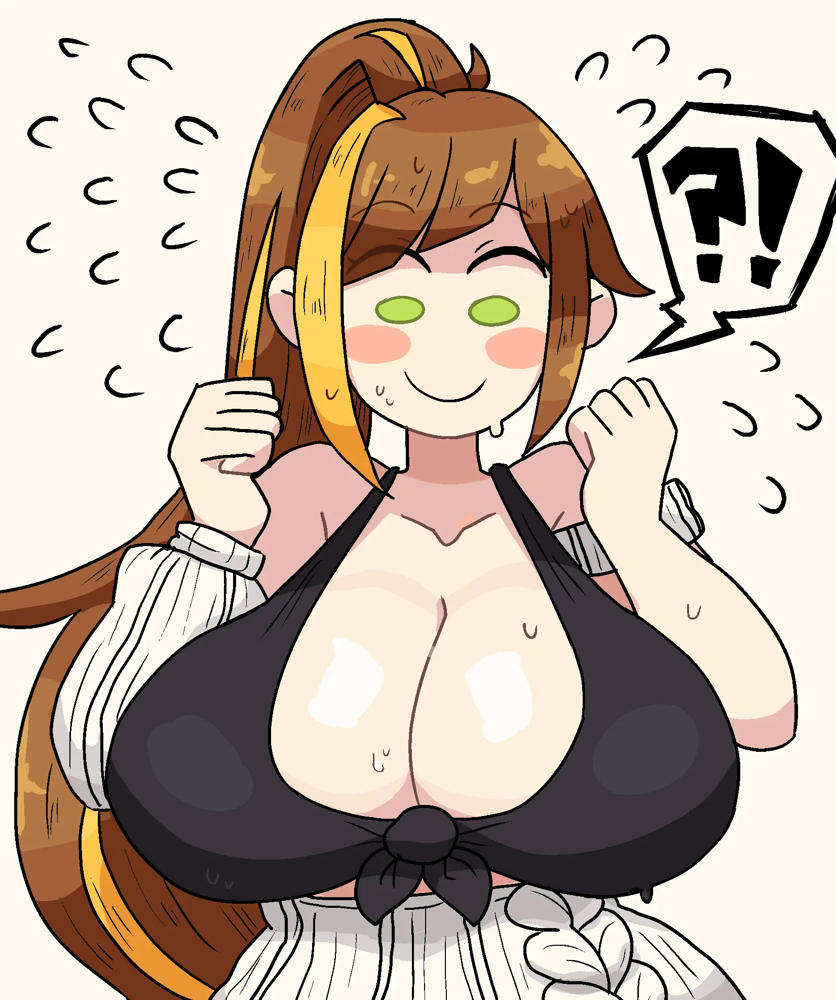 Image 1girls,big_breasts,breasts,female,light-skinned_female,open_clothes,solo,white_background,sweat,bra,multicolored_hair,ponytail,virtual_youtuber,cleavage,solo_female,vtuber,green_eyes,brown_hair,yellow_hair,indie_virtual_youtuber,request,mob_face,pink_cheeks,doodle,?!,kaerivtuber,notnoe_(dxcl)