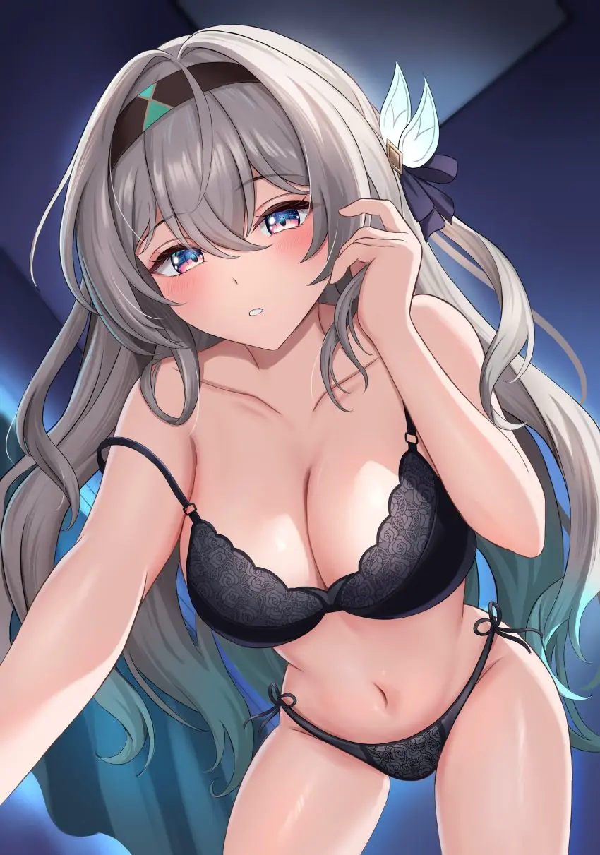 Image blush,breasts,female,large_breasts,navel,thighs,belly,lingerie,heavy_blush,pov,bedroom,low-angle_view,off_shoulder,all_fours,horny,horny_female,naughty_face,honkai:_star_rail,morning,black_lingerie,one_arm_up,best_girl,firefly_(honkai:_star_rail),on_person,shouhaku0512