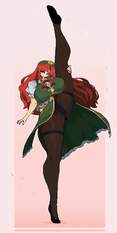 Image 1girls,big_breasts,breasts,female,light-skinned_female,long_hair,solo,touhou,red_hair,hat,thick_thighs,thighs,clothed_female,solo_female,leg_up,pantyhose,shoes,pixel_art,stretching,portrait,chinese_dress,fat_thighs,braids,hong_meiling,flats,suwacrab