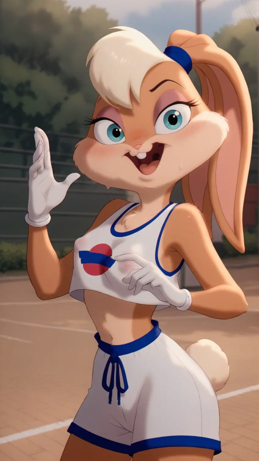 Image blush,breasts,female,open_mouth,blue_eyes,sweat,tongue,ai_generated,sportswear,covered_nipples,midriff,blonde_hair,medium_breasts,stable_diffusion,accurate_art_style,rabbit_ears,outdoors,two_tone_fur,sleeveless_shirt,shorts,nipples_visible_through_clothing,gym_uniform,day,buckteeth,rabbit_tail,rabbit_girl,lola_bunny,waving_at_viewer,space_jam,basketball_uniform,basketball_court,autismmix_pony(model),marusame