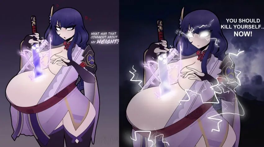 Image 1girls,breasts,female,big_belly,text,weapon,meme,talking_to_viewer,raiden_shogun,obese,sword,lightning,nyanilla_