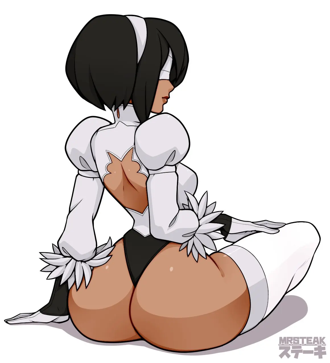 Image 1girls,female,female_only,simple_background,solo,alternate_color,thighhighs,ass,big_ass,dark_skin,lips,dark-skinned_female,ass_focus,leotard,blindfold,nier:_automata,nier,yorha_2p,mrsteak