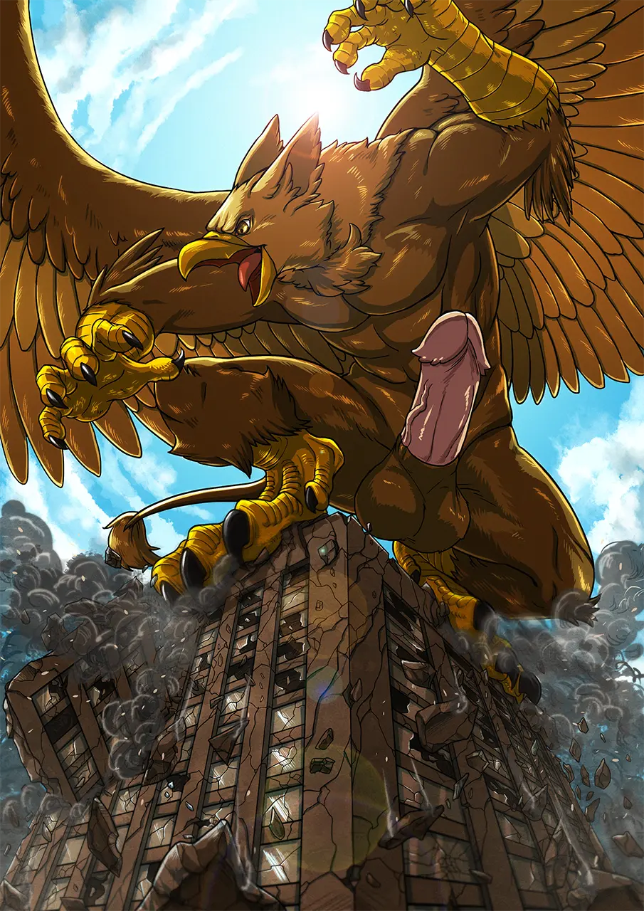 Image solo,male,nude,penis,tail,yellow_eyes,erection,humanoid_penis,muscular,muscular_male,male_only,balls,feathered_wings,feathers,wings,anthro,mythology,testicles,alternate_version_available,fur,genitals,claws,5_fingers,avian,humanoid_genitalia,brown_fur,mythological_creature,brown_body,city,4_toes,destruction,1anthro,talons,building,gryphon,mythological_avian,barbed_corona_glans,carpo,rampage,tatugon