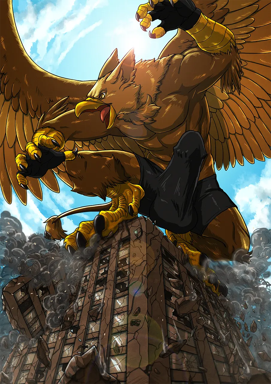 Image clothing,solo,male,penis,tail,yellow_eyes,erection,humanoid_penis,muscular,muscular_male,male_only,balls,feathered_wings,feathers,wings,anthro,mythology,testicles,alternate_version_available,fur,genitals,claws,5_fingers,fingerless_gloves,avian,humanoid_genitalia,brown_fur,boner,mythological_creature,brown_body,mostly_nude,city,4_toes,destruction,1anthro,talons,building,gryphon,mythological_avian,trunks_(clothing),barbed_corona_glans,carpo,rampage,tatugon