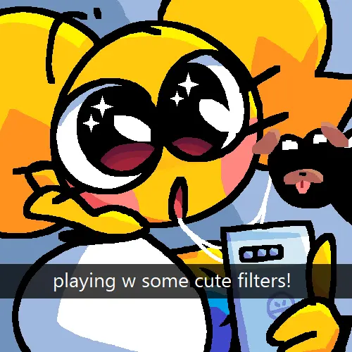 Image text,saliva,holding_object,black_skin,yellow_body,black_body,non-human,saliva_trail,toony,holding_phone,emoji,emoji_(race),yellow_skin,non-human_only,snapchat,jjoyplus,katy_(jjoyplus),snapchat_filter,wide_eyes