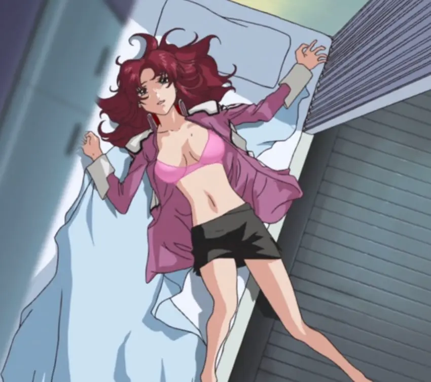 Image breasts,female,long_hair,open_mouth,red_hair,bra,underwear,thighs,bare_belly,bare_thighs,belly_button,after_sex,skirt,jacket,anime,bare_legs,official_art,black_skirt,gundam_seed,loose_hair,pink_bra,anime_screencap,flay_allster